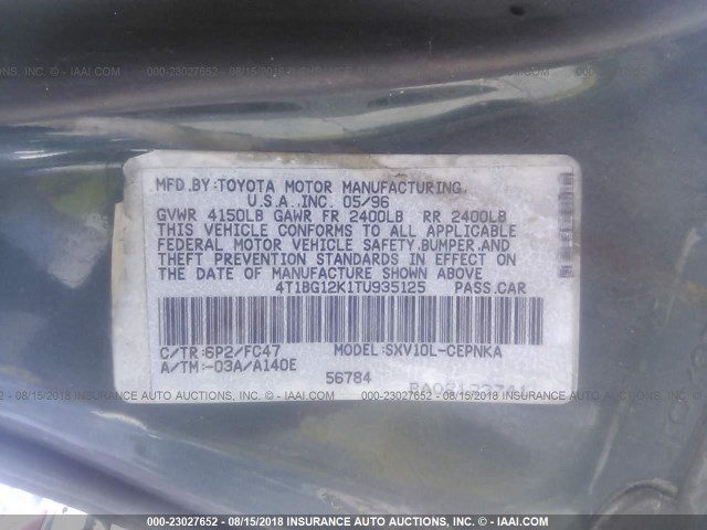 4T1BG12K1TU935125 - 1996 TOYOTA CAMRY DX/LE/XLE GREEN photo 9