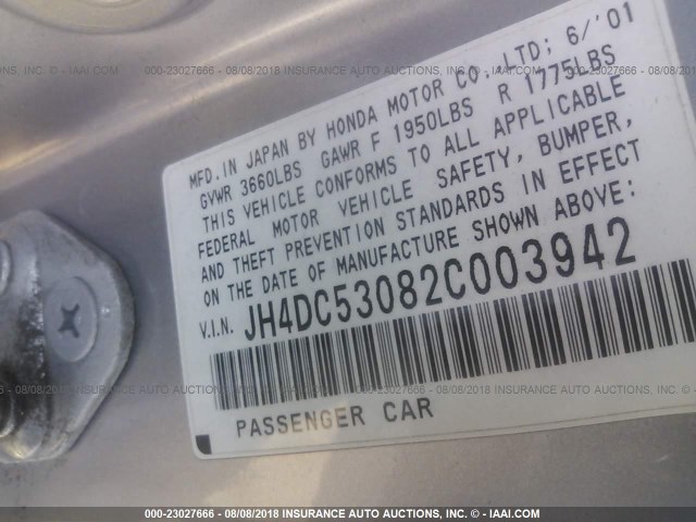 JH4DC53082C003942 - 2002 ACURA RSX TYPE-S SILVER photo 9
