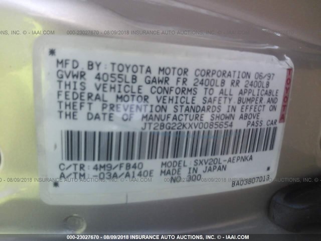JT2BG22KXV0085654 - 1997 TOYOTA CAMRY LE/XLE 金色 照片 9