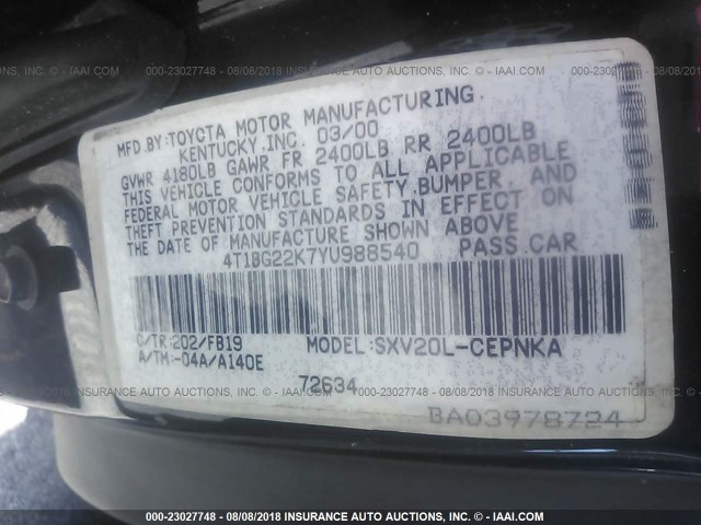 4T1BG22K7YU988540 - 2000 TOYOTA CAMRY CE/LE/XLE 黑色 照片 9