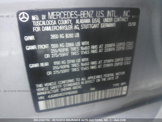 4JGAB54E2YA183999 - 2000 MERCEDES-BENZ ML 320 SILVER photo 9