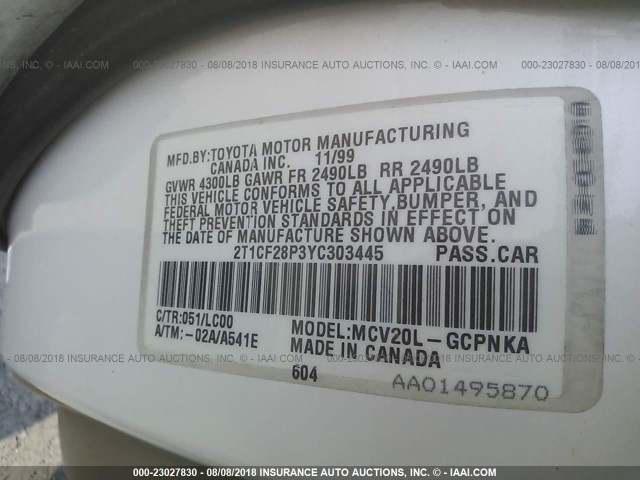 2T1CF28P3YC303445 - 2000 TOYOTA CAMRY SOLARA SE/SLE თეთრი ფოტო 9