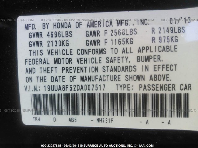 19UUA8F52DA007517 - 2013 ACURA TL TECH BLACK photo 9