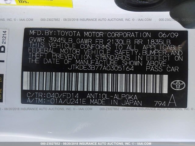 JTKDE3B77A0305164 - 2010 TOYOTA SCION TC 白色 照片 9