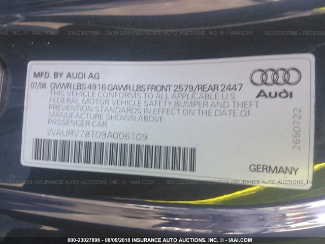 WAURV78T09A006109 - 2009 AUDI S5 QUATTRO GRAY photo 9