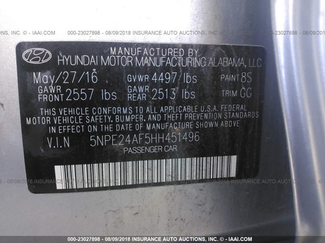 5NPE24AF5HH451496 - 2017 HYUNDAI SONATA SE SILVER photo 9