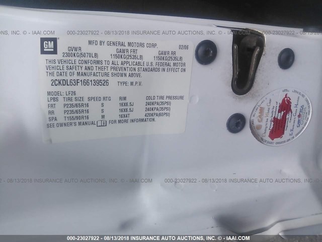 2CKDL63F166139526 - 2006 PONTIAC TORRENT WHITE photo 9