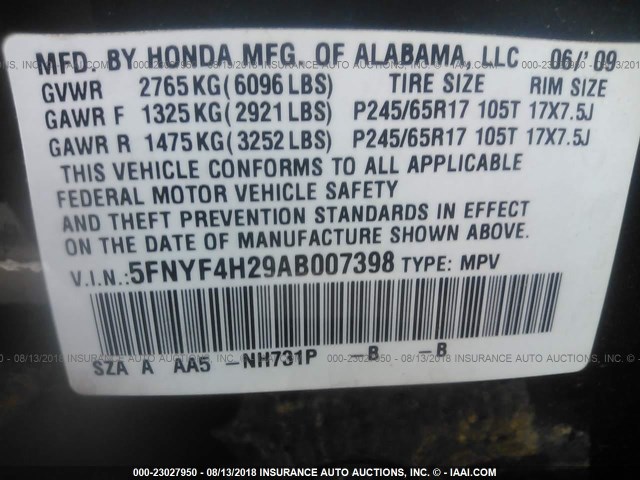 5FNYF4H29AB007398 - 2010 HONDA PILOT LX BLACK photo 9