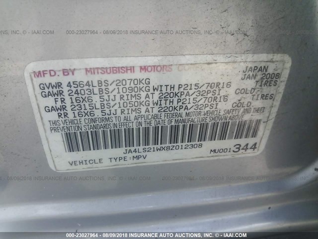 JA4LS21WX8Z012308 - 2008 MITSUBISHI OUTLANDER ES SILVER photo 9