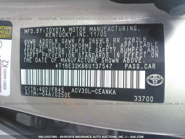 4T1BE32K66U137547 - 2006 TOYOTA CAMRY LE/XLE/SE Қоңыр фото 9