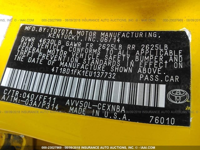 4T1BD1FK1EU137732 - 2014 TOYOTA CAMRY HYBRID/LE/XLE ყვითელი ფოტო 9