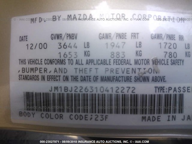 JM1BJ226310412272 - 2001 MAZDA PROTEGE LX/ES ოქროსფერი ფოტო 9