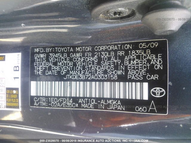 JTKDE3B72A0303158 - 2010 TOYOTA SCION TC BLUE photo 9