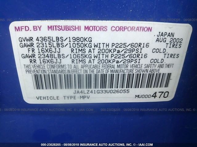JA4LZ41G33U026055 - 2003 MITSUBISHI OUTLANDER XLS BLUE photo 9