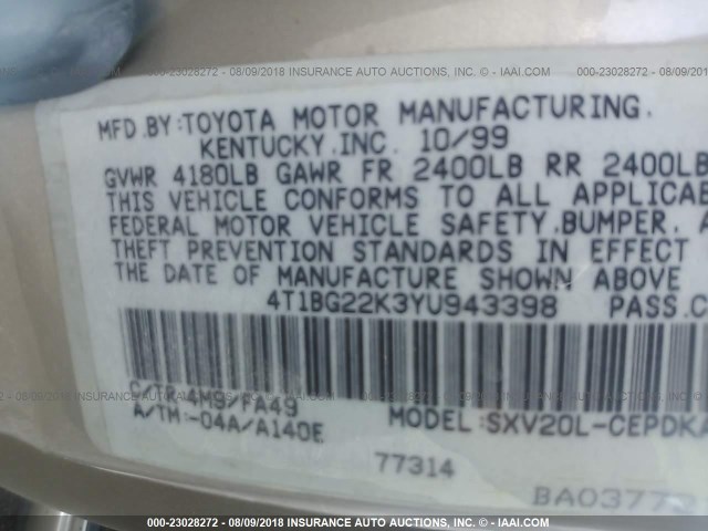 4T1BG22K3YU943398 - 2000 TOYOTA CAMRY CE/LE/XLE ოქროსფერი ფოტო 9