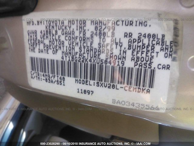 4T1BG22K4XU504919 - 1999 TOYOTA CAMRY CE/LE/XLE 棕色 照片 9