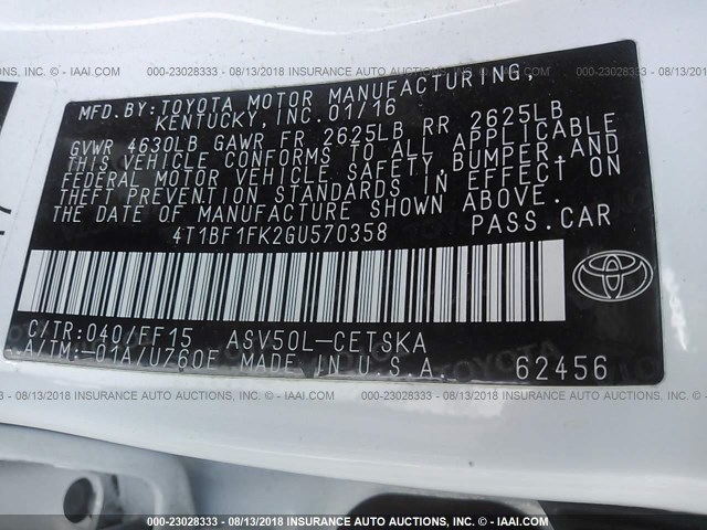 4T1BF1FK2GU570358 - 2016 TOYOTA CAMRY LE/XLE/SE/XSE 白色 照片 9