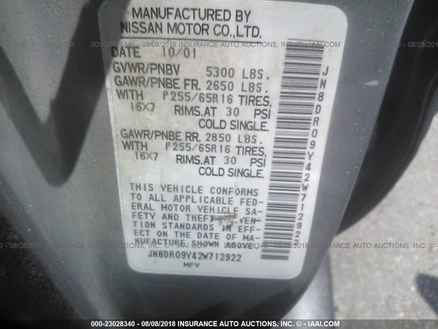 JN8DR09Y42W712922 - 2002 NISSAN PATHFINDER LE/SE SILVER photo 9