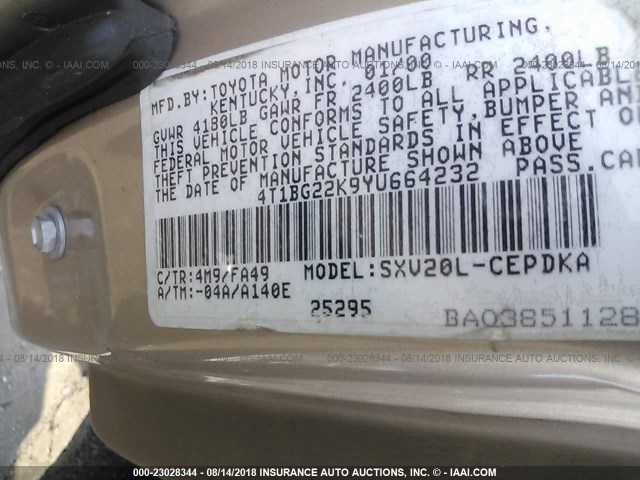 4T1BG22K9YU664232 - 2000 TOYOTA CAMRY CE/LE/XLE თაფლისფერი ფოტო 9