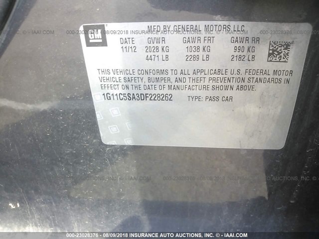 1G11C5SA3DF228262 - 2013 CHEVROLET MALIBU 1LT GRAY photo 9