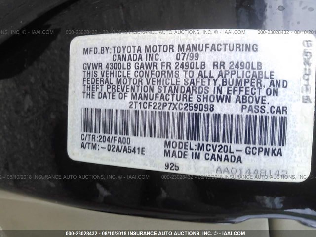 2T1CF22P7XC259098 - 1999 TOYOTA CAMRY SOLARA SE/SLE Qara foto 9