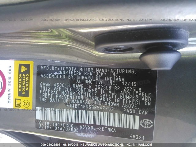 4T4BF1FK5GR547792 - 2016 TOYOTA CAMRY LE/XLE/SE/XSE 灰色 照片 9