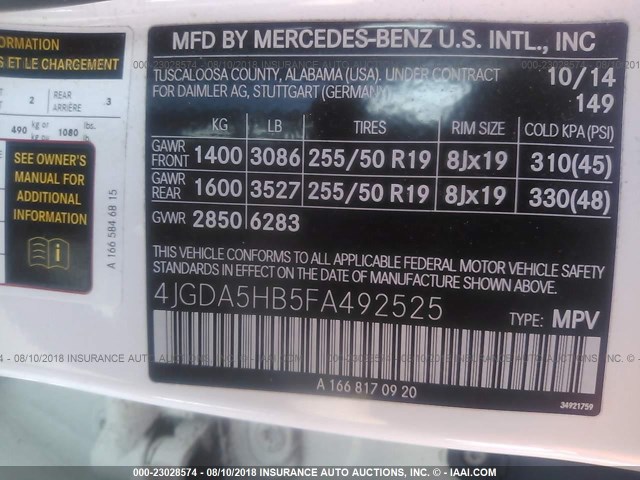 4JGDA5HB5FA492525 - 2015 MERCEDES-BENZ ML 350 4MATIC WHITE photo 9