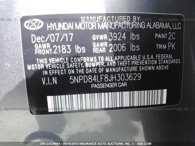 5NPD84LF8JH303629 - 2018 HYUNDAI ELANTRA SEL/VALUE/LIMITED GRAY photo 9