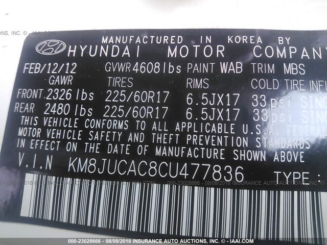 KM8JUCAC8CU477836 - 2012 HYUNDAI TUCSON GLS/LIMITED 白色 照片 8