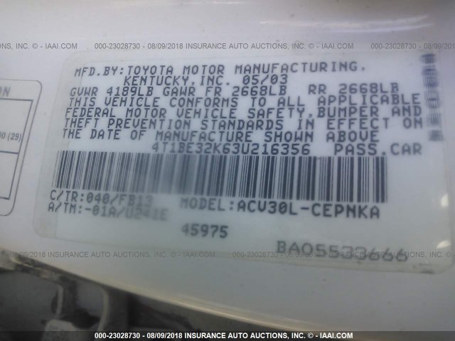 4T1BE32K63U216356 - 2003 TOYOTA CAMRY LE/XLE/SE Ақ фото 9