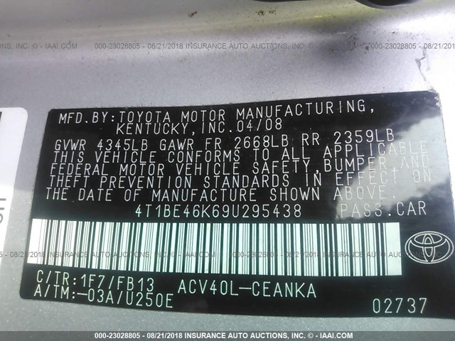 4T1BE46K69U295438 - 2009 TOYOTA CAMRY SE/LE/XLE ვერცხლისფერი ფოტო 9