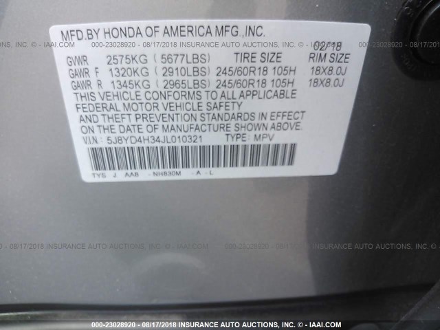 5J8YD4H34JL010321 - 2018 ACURA MDX SILVER photo 9