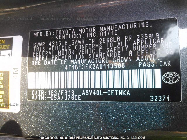 4T1BF3EK2AU113506 - 2010 TOYOTA CAMRY SE/LE/XLE ნაცრისფერი ფოტო 9