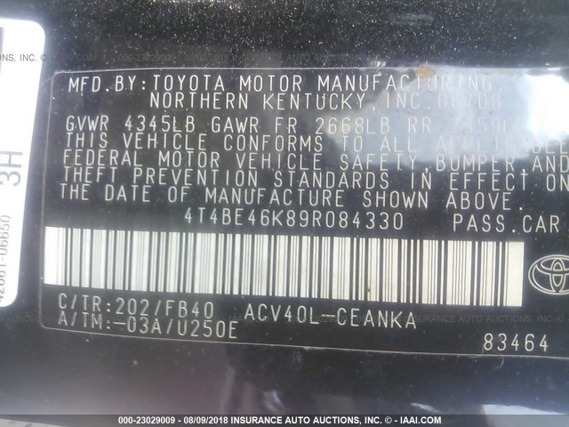 4T4BE46K89R084330 - 2009 TOYOTA CAMRY SE/LE/XLE შავი ფოტო 9