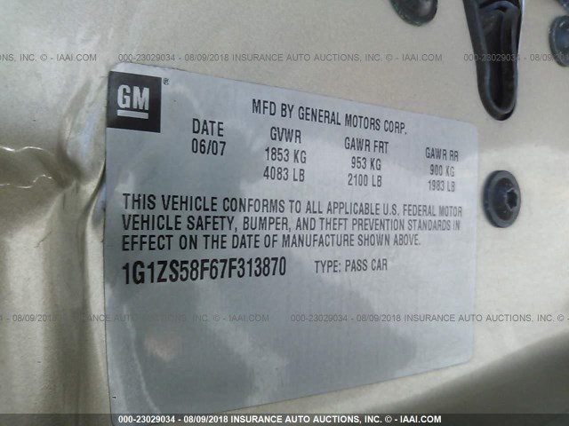 1G1ZS58F67F313870 - 2007 CHEVROLET MALIBU LS GOLD photo 9