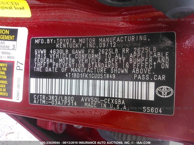 4T1BD1FK1CU051849 - 2012 TOYOTA CAMRY HYBRID/LE/XLE 红色 照片 9