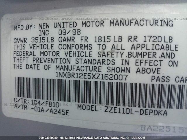 1NXBR12E5XZ162007 - 1999 TOYOTA COROLLA VE/CE/LE 银色 照片 9