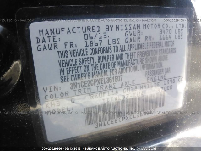 3N1CE2CPXEL361607 - 2014 NISSAN VERSA NOTE S/S PLUS/SV/SL BLACK photo 9