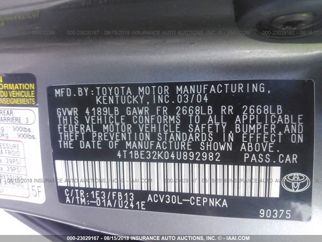 4T1BE32K04U892982 - 2004 TOYOTA CAMRY LE/XLE/SE Boz foto 9