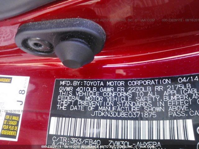 JTDKN3DU8E0371875 - 2014 TOYOTA PRIUS RED photo 9