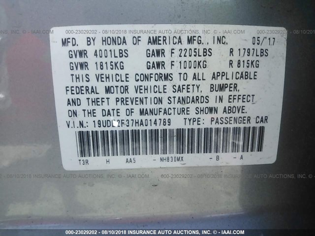 19UDE2F37HA014789 - 2017 ACURA ILX WATCH PLUS SILVER photo 9