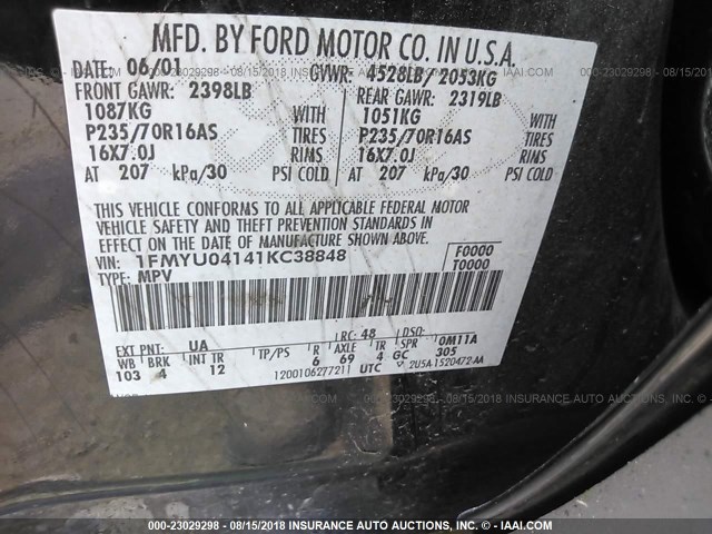 1FMYU04141KC38848 - 2001 FORD ESCAPE XLT BLACK photo 9