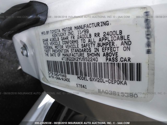 4T1BG22K2YU952240 - 2000 TOYOTA CAMRY CE/LE/XLE WHITE photo 9