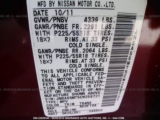 JN8AS5MT5CW259721 - 2012 NISSAN ROGUE S/SV RED photo 9