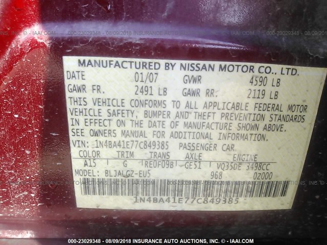 1N4BA41E77C849385 - 2007 NISSAN MAXIMA SE/SL RED photo 9