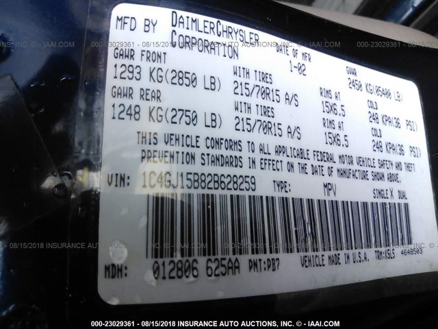 1C4GJ15B82B628259 - 2002 CHRYSLER VOYAGER EC ლურჯი ფოტო 9