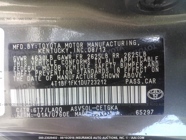 4T1BF1FK1DU723212 - 2013 TOYOTA CAMRY L/SE/LE/XLE ნაცრისფერი ფოტო 9