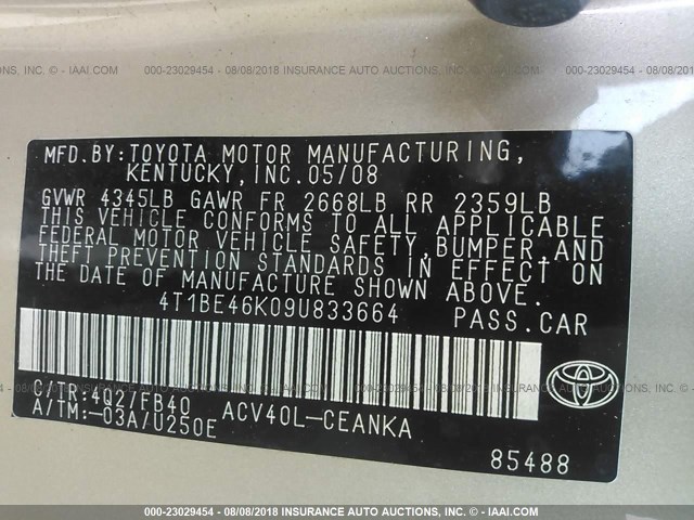 4T1BE46K09U833664 - 2009 TOYOTA CAMRY SE/LE/XLE ვერცხლისფერი ფოტო 9