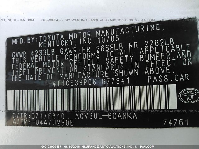 4T1CE38P06U677841 - 2006 TOYOTA CAMRY SOLARA SE/SLE Ağ foto 9