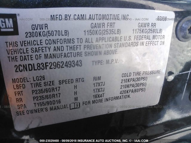 2CNDL83F296249343 - 2009 CHEVROLET EQUINOX LTZ BLACK photo 9